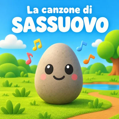 Copertina de «La canzone di Sassuovo»: Sassuovo sorridente su un prato, con note musicali intorno