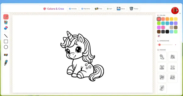 La schermata del disegno: un unicorno da colorare al centro del foglio, i pennelli sulla sinistra e la tavolozza dei colori sulla destra