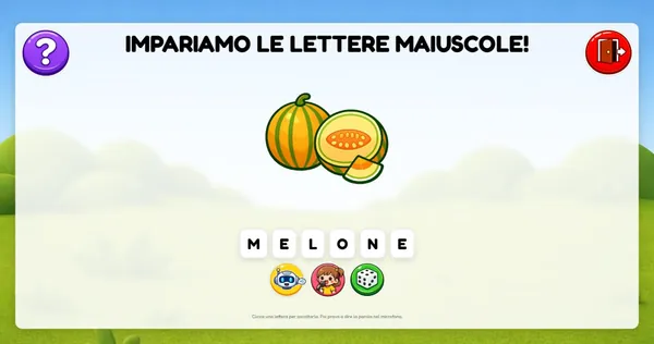 La schermata della lettura: il disegno di un melone e sotto la parola MELONE divisa nelle sue lettere, con i pulsanti per ascoltarla e per parlare nel microfono