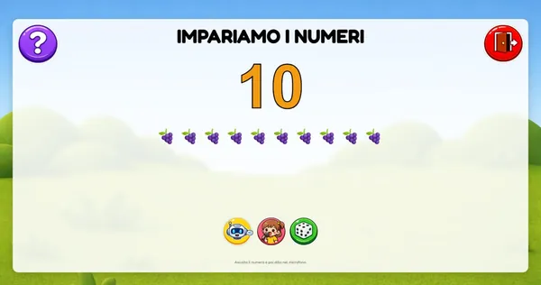 La schermata dei numeri: il numero 10 scritto grande in arancione e sotto dieci grappoli d'uva da contare uno per uno
